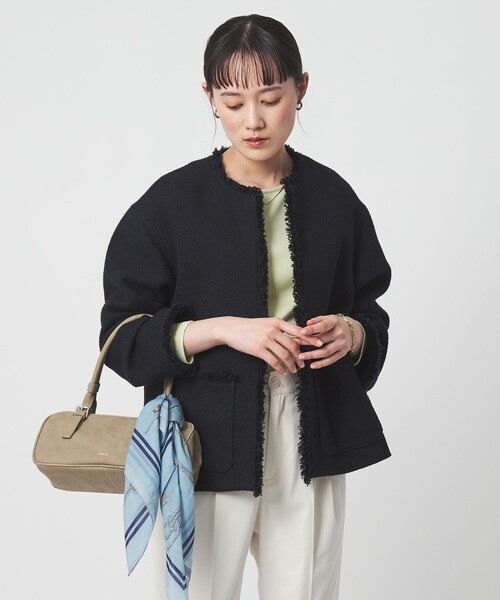 green label relaxing（グリーンレーベルリラクシング）の「［size SHORTあり］ミックス ツイードライク ポケット ノーカラー ジャケット（ノーカラージャケット・レディース・ネイビー/コバルトブルー・38/36/SHORT）」の14枚目の写真