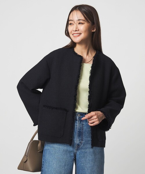 green label relaxing（グリーンレーベルリラクシング）の「［size SHORTあり］ミックス ツイードライク ポケット ノーカラー ジャケット（ノーカラージャケット・レディース・ネイビー/コバルトブルー・38/36/SHORT）」の5枚目の写真