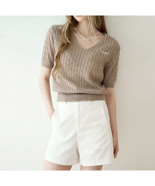 SLOWLOLLI（スローローリ）の「Summer cable v-neck knit_7 Colors（ニット/セーター・レディース・オートミール/PINK/イエロー/スカイブルー/ブラック/ネイビー/ブラウン・FREE）」の3枚目の写真