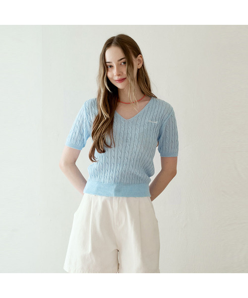 SLOWLOLLI（スローローリ）の「Summer cable v-neck knit_7 Colors（ニット/セーター・レディース・オートミール/PINK/イエロー/スカイブルー/ブラック/ネイビー/ブラウン・FREE）」の4枚目の写真