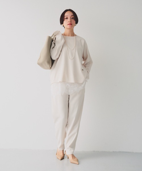 PUAL CE CIN（ピュアルセシン）の「【セットアップ対応】ストレッチジョーゼットインスリットパンツ（スラックス・レディース・ブラック/アイボリー・FREE）」の2枚目の写真