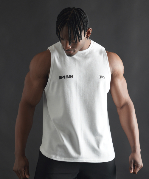 PHERMENON(フェルメノン)の「ジムスタンダードロゴスリーブレス - ホワイト(Tシャツ/カットソー・メンズ・ホワイト・1/2/3)」の3枚目の写真