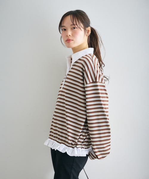 U by SPICK&SPAN（ユーバイスピックアンドスパン）の「マルチボーダーフリルドッキングPO（Tシャツ/カットソー・レディース・グレー/ブラウン・FREE）」の2枚目の写真