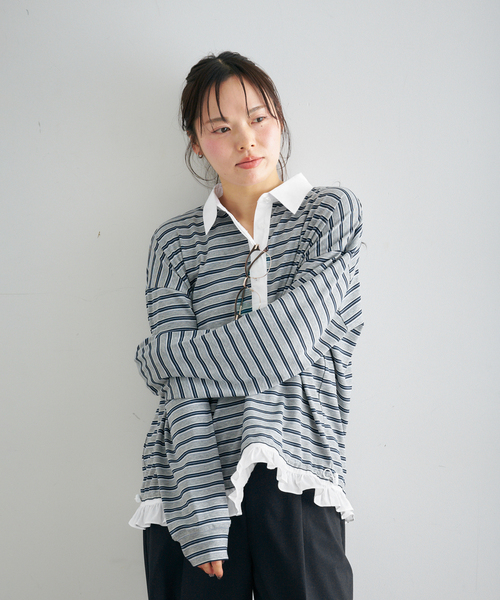 U by SPICK&SPAN（ユーバイスピックアンドスパン）の「マルチボーダーフリルドッキングPO（Tシャツ/カットソー・レディース・グレー/ブラウン・FREE）」の4枚目の写真