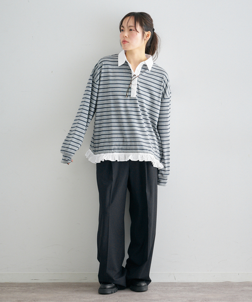 U by SPICK&SPAN（ユーバイスピックアンドスパン）の「マルチボーダーフリルドッキングPO（Tシャツ/カットソー・レディース・グレー/ブラウン・FREE）」の5枚目の写真