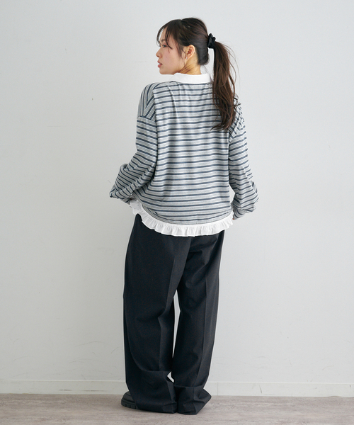 U by SPICK&SPAN（ユーバイスピックアンドスパン）の「マルチボーダーフリルドッキングPO（Tシャツ/カットソー・レディース・グレー/ブラウン・FREE）」の7枚目の写真