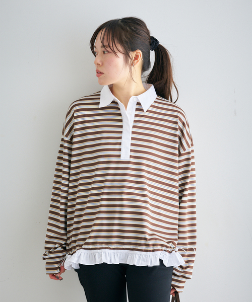 U by SPICK&SPAN（ユーバイスピックアンドスパン）の「マルチボーダーフリルドッキングPO（Tシャツ/カットソー・レディース・グレー/ブラウン・FREE）」の10枚目の写真