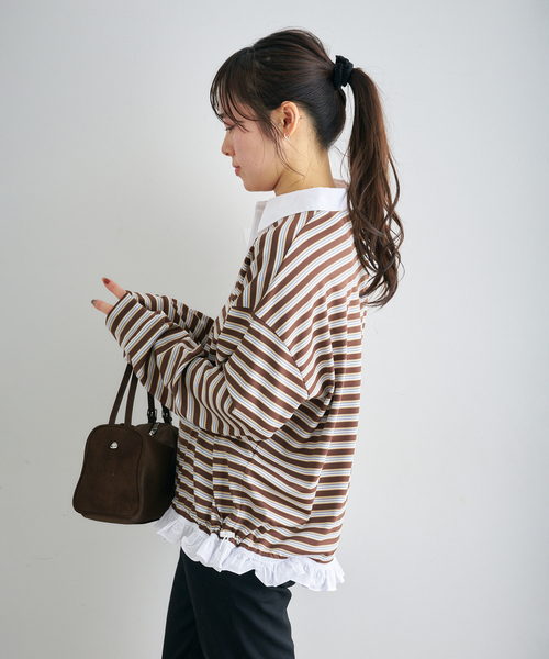 U by SPICK&SPAN（ユーバイスピックアンドスパン）の「マルチボーダーフリルドッキングPO（Tシャツ/カットソー・レディース・グレー/ブラウン・FREE）」の11枚目の写真