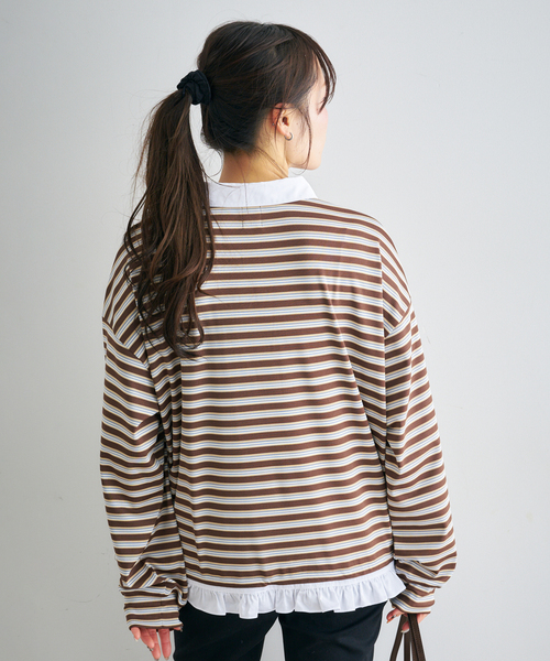 U by SPICK&SPAN（ユーバイスピックアンドスパン）の「マルチボーダーフリルドッキングPO（Tシャツ/カットソー・レディース・グレー/ブラウン・FREE）」の12枚目の写真