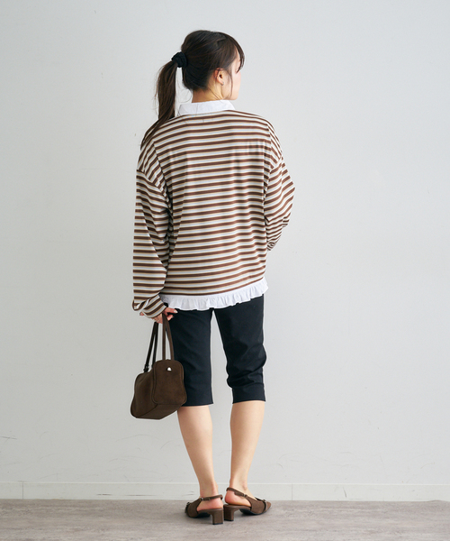 U by SPICK&SPAN（ユーバイスピックアンドスパン）の「マルチボーダーフリルドッキングPO（Tシャツ/カットソー・レディース・グレー/ブラウン・FREE）」の14枚目の写真