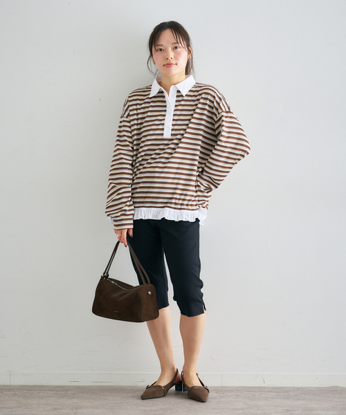 U by SPICK&SPAN（ユーバイスピックアンドスパン）の「マルチボーダーフリルドッキングPO（Tシャツ/カットソー・レディース・グレー/ブラウン・FREE）」の15枚目の写真