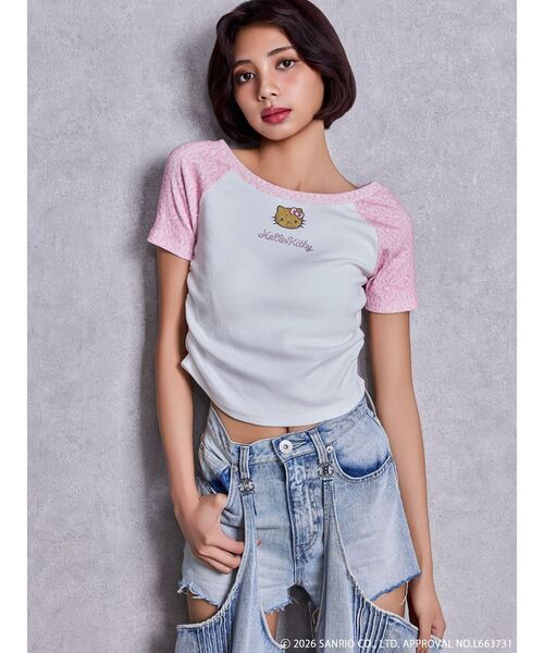 ハローキティコラボ(ハローキティコラボ)の「GYDA×ハローキティ レオパードラグランTシャツ(Tシャツ/カットソー・レディース・ベージュ/チャコールグレー/ピンク・FREE)」の3枚目の写真