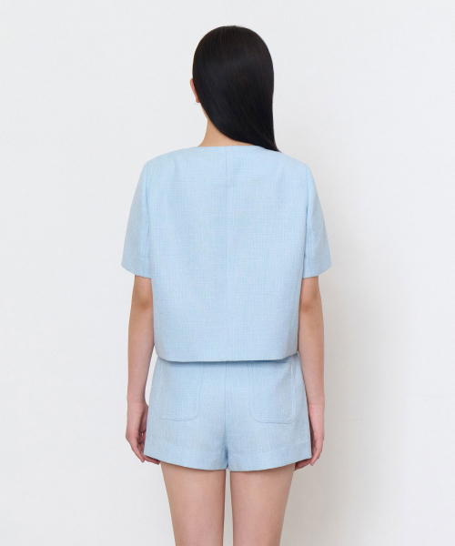MUSINSA STANDARD WOMAN（ムシンサスタンダードウーマン）の「ウィメンズラウンドネックツイードクロップ半袖ジャケット[スカイブルー]（テーラードジャケット・レディース・その他・LARGE/MEDIUM/SMALL/X-SMALL）」の3枚目の写真