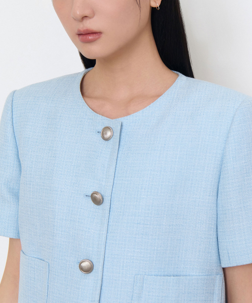 MUSINSA STANDARD WOMAN（ムシンサスタンダードウーマン）の「ウィメンズラウンドネックツイードクロップ半袖ジャケット[スカイブルー]（テーラードジャケット・レディース・その他・LARGE/MEDIUM/SMALL/X-SMALL）」の4枚目の写真