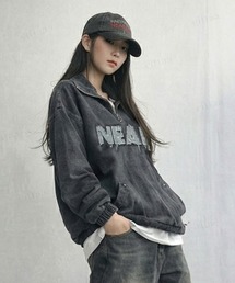 Dalfwin（ダールフィン）の「韓国ファッション NEARダメージロゴハーフジップデニムプルオーバー（デニムジャケット）」