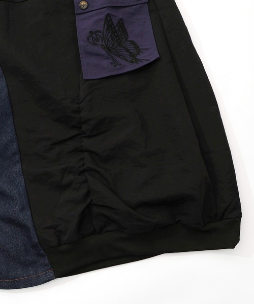 iS ScoLar(イズスカラー)の「561205:蝶鍵モチーフ刺繍 ナイロン×デニム切替配色スカート(スカート・レディース・カーキ/ブラック・M)」の17枚目の写真