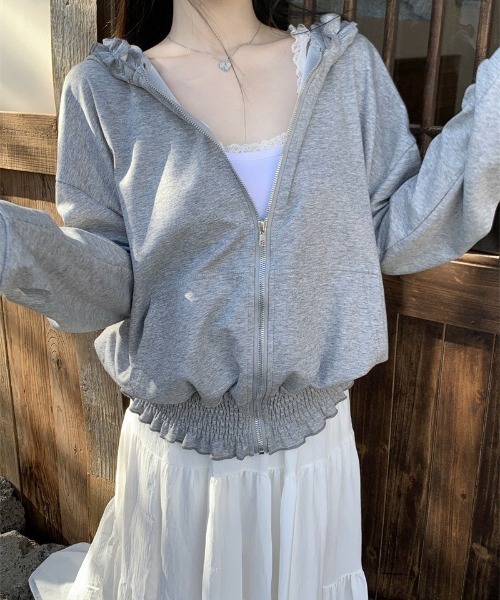UP START(アップスタート)の「【LAMPOON】フリルジップパーカー(パーカー・レディース・ピンク/グレー・LARGE/MEDIUM/SMALL)」の1枚目の写真