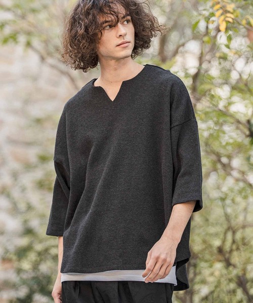 CAMBIO(カンビオ)の「mlt5595-Honeycomb Waffle Key Neck 3-4 Sleeve Cut sew 七分袖カットソー(S64226cmb)(Tシャツ/カットソー・メンズ・チャコールグレー/ブラック/ホワイト・S/M/L)」の1枚目の写真