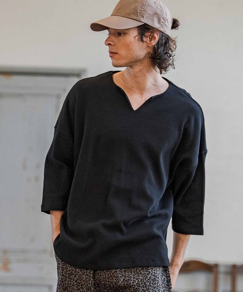 CAMBIO(カンビオ)の「mlt5595-Honeycomb Waffle Key Neck 3-4 Sleeve Cut sew 七分袖カットソー(S64226cmb)(Tシャツ/カットソー・メンズ・チャコールグレー/ブラック/ホワイト・S/M/L)」の3枚目の写真