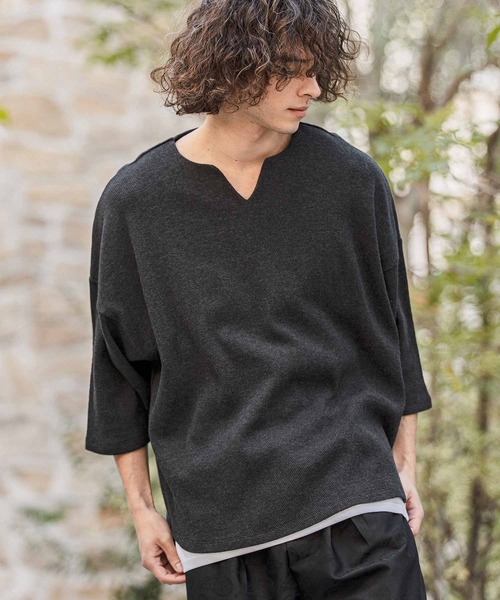 CAMBIO(カンビオ)の「mlt5595-Honeycomb Waffle Key Neck 3-4 Sleeve Cut sew 七分袖カットソー(S64226cmb)(Tシャツ/カットソー・メンズ・チャコールグレー/ブラック/ホワイト・S/M/L)」の6枚目の写真