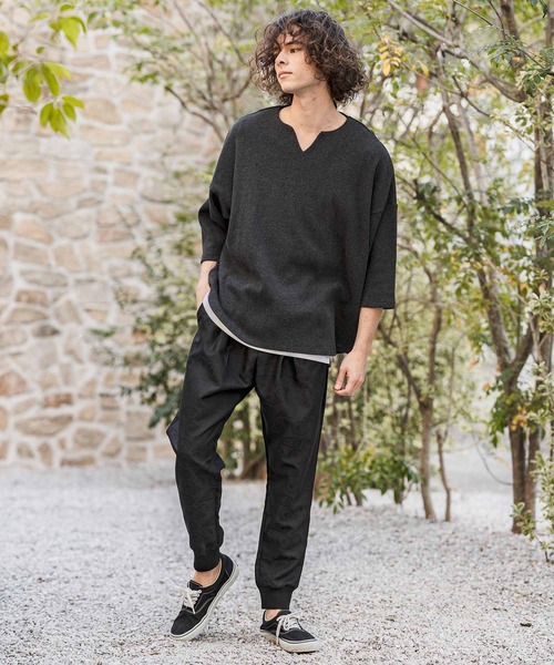 CAMBIO(カンビオ)の「mlt5595-Honeycomb Waffle Key Neck 3-4 Sleeve Cut sew 七分袖カットソー(S64226cmb)(Tシャツ/カットソー・メンズ・チャコールグレー/ブラック/ホワイト・S/M/L)」の8枚目の写真