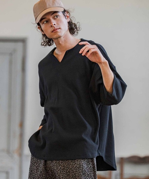 CAMBIO(カンビオ)の「mlt5595-Honeycomb Waffle Key Neck 3-4 Sleeve Cut sew 七分袖カットソー(S64226cmb)(Tシャツ/カットソー・メンズ・チャコールグレー/ブラック/ホワイト・S/M/L)」の10枚目の写真