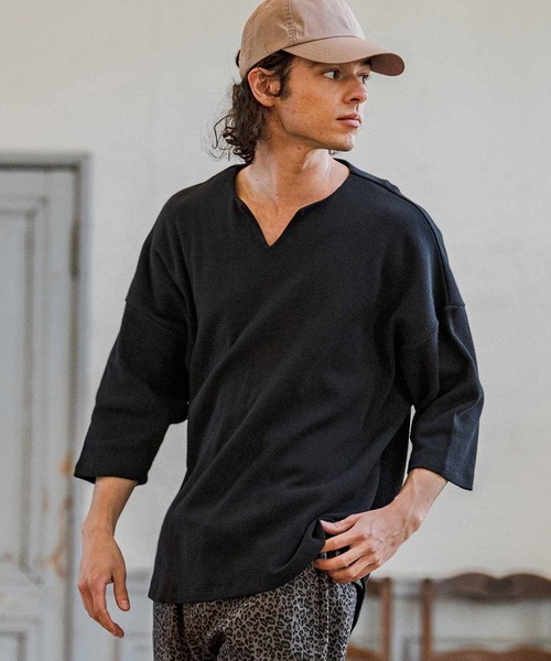 CAMBIO(カンビオ)の「mlt5595-Honeycomb Waffle Key Neck 3-4 Sleeve Cut sew 七分袖カットソー(S64226cmb)(Tシャツ/カットソー・メンズ・チャコールグレー/ブラック/ホワイト・S/M/L)」の11枚目の写真