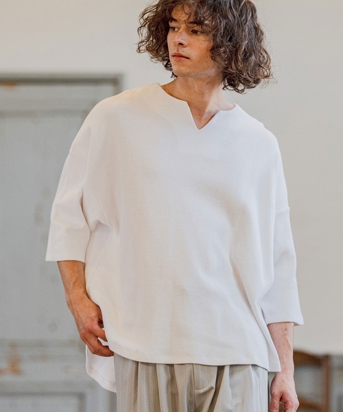 CAMBIO(カンビオ)の「mlt5595-Honeycomb Waffle Key Neck 3-4 Sleeve Cut sew 七分袖カットソー(S64226cmb)(Tシャツ/カットソー・メンズ・チャコールグレー/ブラック/ホワイト・S/M/L)」の16枚目の写真