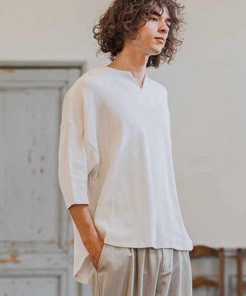 CAMBIO(カンビオ)の「mlt5595-Honeycomb Waffle Key Neck 3-4 Sleeve Cut sew 七分袖カットソー(S64226cmb)(Tシャツ/カットソー・メンズ・チャコールグレー/ブラック/ホワイト・S/M/L)」の17枚目の写真