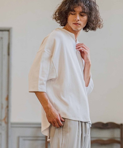 CAMBIO(カンビオ)の「mlt5595-Honeycomb Waffle Key Neck 3-4 Sleeve Cut sew 七分袖カットソー(S64226cmb)(Tシャツ/カットソー・メンズ・チャコールグレー/ブラック/ホワイト・S/M/L)」の18枚目の写真