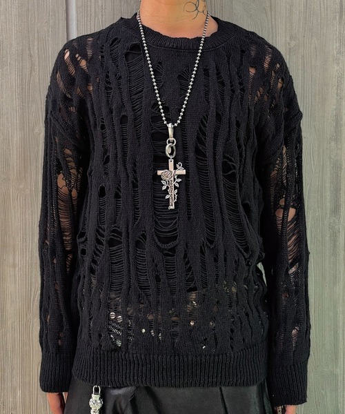Never mind the XU(ネバーマインドザエックスユー)の「【Never mind the XU】damage loose knit / 【ネバーマインド ザ エックスユー】オーバーサイズダメージルーズニット <着用動画あり>(ニット/セーター・メンズ・ブラック/アイボリー・L)」の7枚目の写真