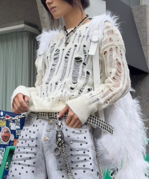 Never mind the XU(ネバーマインドザエックスユー)の「【Never mind the XU】damage loose knit / 【ネバーマインド ザ エックスユー】オーバーサイズダメージルーズニット <着用動画あり>(ニット/セーター・メンズ・ブラック/アイボリー・L)」の15枚目の写真