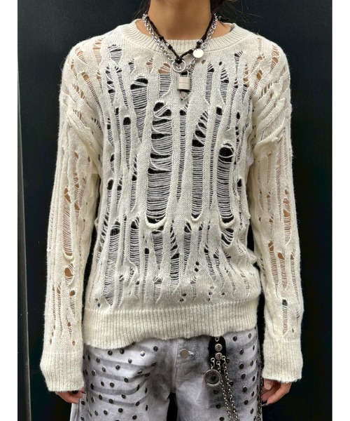 Never mind the XU(ネバーマインドザエックスユー)の「【Never mind the XU】damage loose knit / 【ネバーマインド ザ エックスユー】オーバーサイズダメージルーズニット <着用動画あり>(ニット/セーター・メンズ・ブラック/アイボリー・L)」の17枚目の写真