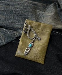 MATU:TA（マトゥータ）の「セカンドサイドポーチ / カラビナポーチ レザー調 チャーム付き 刺繍 ステッチ 蛇柄 パイソン ブラック カーキ 黒 緑 白黒 クロス バラ 羽 ばね口 パックンポーチ ワンタッチ ワンポイント（コインケース）」