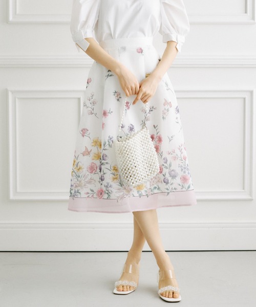 tocco closet（トッコ　クローゼット）の「ラメオーガンジーパネルフラワータックフレアスカート（スカート・レディース・ネイビー/ピンク・M）」の2枚目の写真