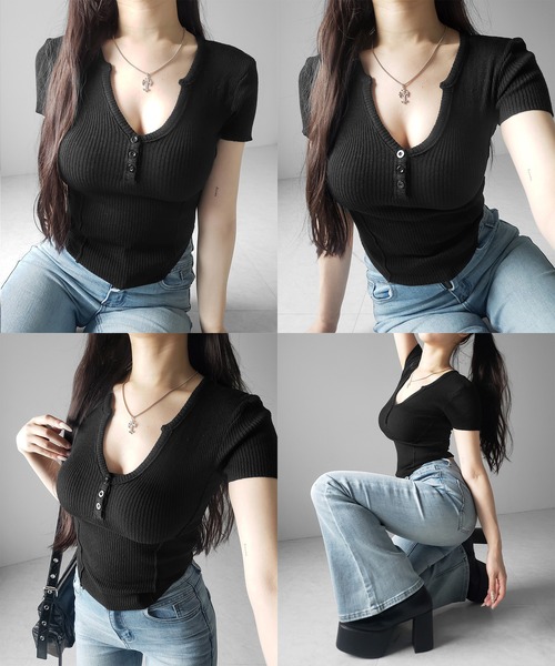 me+em select(ミームセレクト)の「【 2color 】ヘンリーネックタイトフィット半袖リブニットトップス / Henley neck tight fit short sleeve rib knit tops(その他トップス・レディース・グレー/ブラック・FREE)」の5枚目の写真