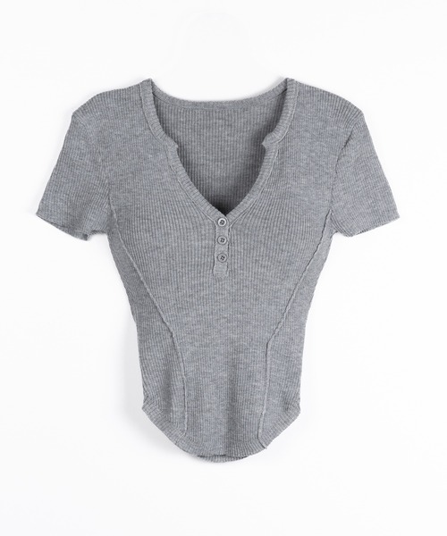 me+em select(ミームセレクト)の「【 2color 】ヘンリーネックタイトフィット半袖リブニットトップス / Henley neck tight fit short sleeve rib knit tops(その他トップス・レディース・グレー/ブラック・FREE)」の3枚目の写真