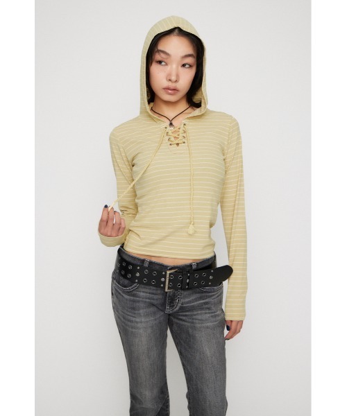 LAGUA GEM(ラグアジェム)の「LACE UP HOODIE トップス(パーカー・レディース・グレー/ライトイエロー/ブラック・FREE)」の13枚目の写真