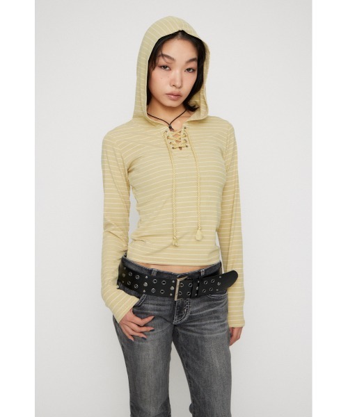 LAGUA GEM(ラグアジェム)の「LACE UP HOODIE トップス(パーカー・レディース・グレー/ライトイエロー/ブラック・FREE)」の14枚目の写真