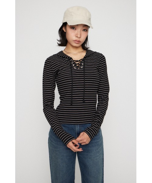 LAGUA GEM(ラグアジェム)の「LACE UP HOODIE トップス(パーカー・レディース・グレー/ライトイエロー/ブラック・FREE)」の5枚目の写真