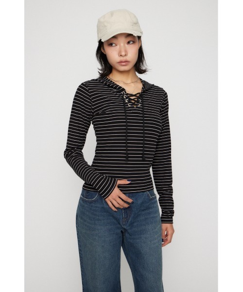 LAGUA GEM(ラグアジェム)の「LACE UP HOODIE トップス(パーカー・レディース・グレー/ライトイエロー/ブラック・FREE)」の6枚目の写真