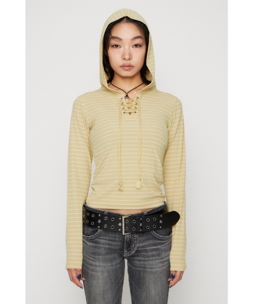 LAGUA GEM(ラグアジェム)の「LACE UP HOODIE トップス(パーカー・レディース・グレー/ライトイエロー/ブラック・FREE)」の12枚目の写真
