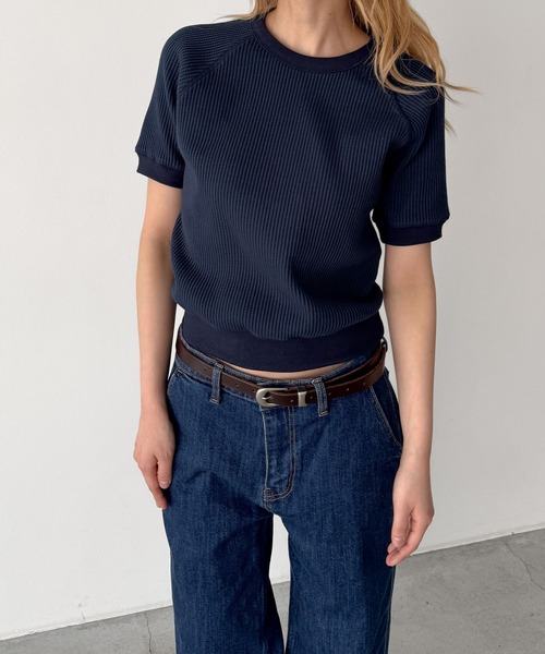 CANAL JEAN(キャナルジーン)の「HARING ラグランワッフル半袖Tシャツ(Tシャツ/カットソー・レディース・ネイビー/アッシュ・ONE SIZE)」の2枚目の写真