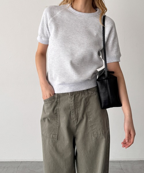 CANAL JEAN(キャナルジーン)の「HARING ラグランワッフル半袖Tシャツ(Tシャツ/カットソー・レディース・ネイビー/アッシュ・ONE SIZE)」の1枚目の写真