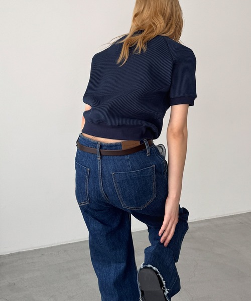 CANAL JEAN(キャナルジーン)の「HARING ラグランワッフル半袖Tシャツ(Tシャツ/カットソー・レディース・ネイビー/アッシュ・ONE SIZE)」の4枚目の写真