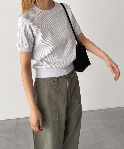 CANAL JEAN(キャナルジーン)の「HARING ラグランワッフル半袖Tシャツ(Tシャツ/カットソー・レディース・ネイビー/アッシュ・ONE SIZE)」の6枚目の写真