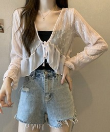速乾×洗える｜UVカット シアー フラワーレース リボン ショート カーディガン レディース韓国風 きれいめカジュアル