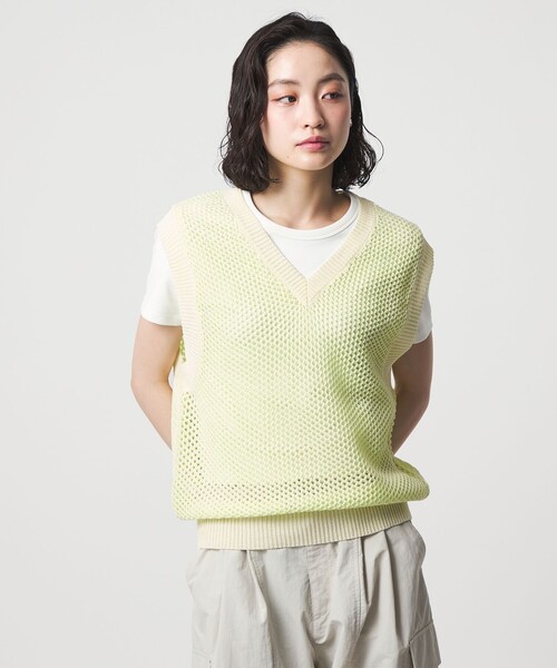 CITEN(シテン)の「<CITEN>メッシュバイカラーニットベスト(ニット/セーター・レディース・ダークブラウン/オフホワイト/ネイビー・FREE)」の1枚目の写真