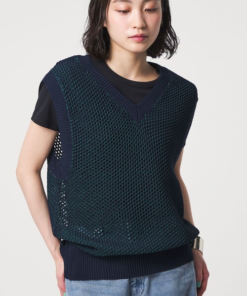 CITEN(シテン)の「<CITEN>メッシュバイカラーニットベスト(ニット/セーター・レディース・ダークブラウン/オフホワイト/ネイビー・FREE)」の13枚目の写真