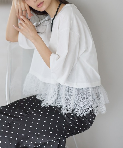 amini(アミニ)の「チュールレースレイヤードカットソー(Tシャツ/カットソー・レディース・オフホワイト/ブラック/イエロー・MEDIUM)」の11枚目の写真